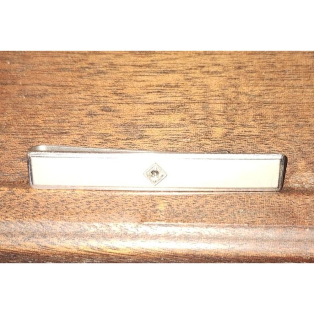 Vintage Silver Tone Tie Clip Bar w/ Diamond Accent Retro Men’s Formal Accessory